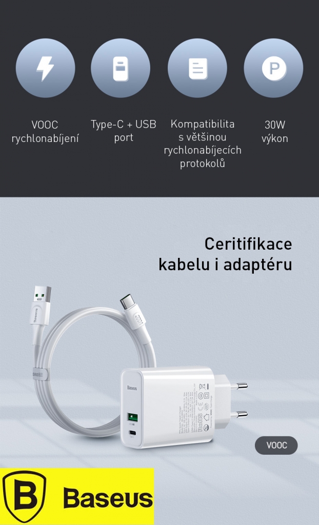 Nabíječka Baseus, USB-A + USB-C, 30W, s kabelem, černá