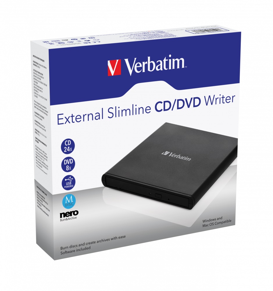 VERBATIM Externí CD/DVD Slimline mechanika USB 2.0 černá +Nero