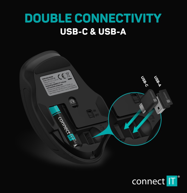 Bezdrôtová myš Connect IT CMO-3100-BK, USB-A + C, čierna