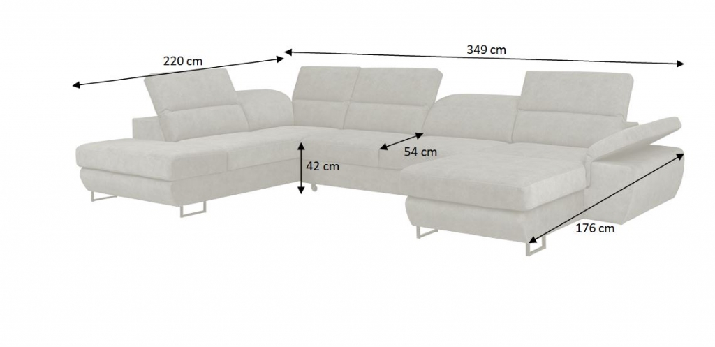 Nákres s rozměry sedačky Lucca
