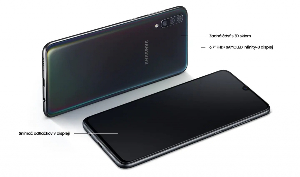 Detail prednej a zadnej časti Samsung Galaxy A70