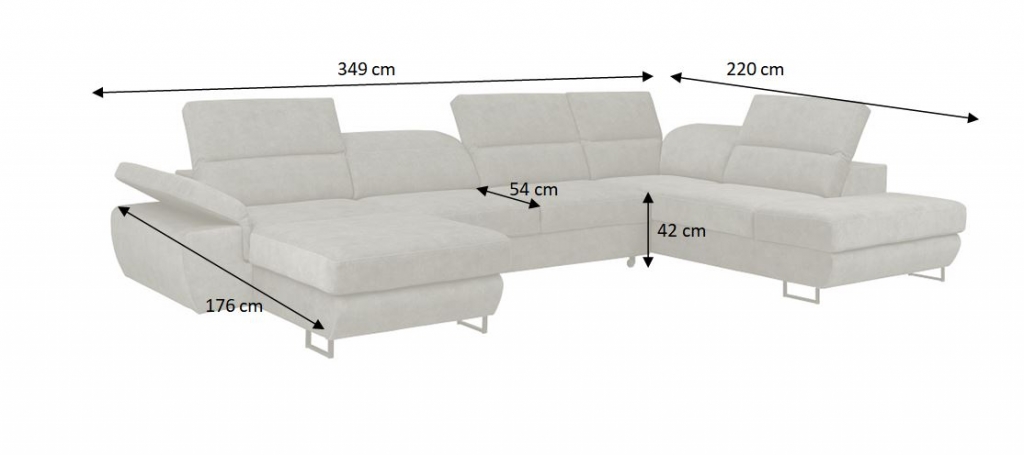 Nákres s rozměry sedačky Lucca