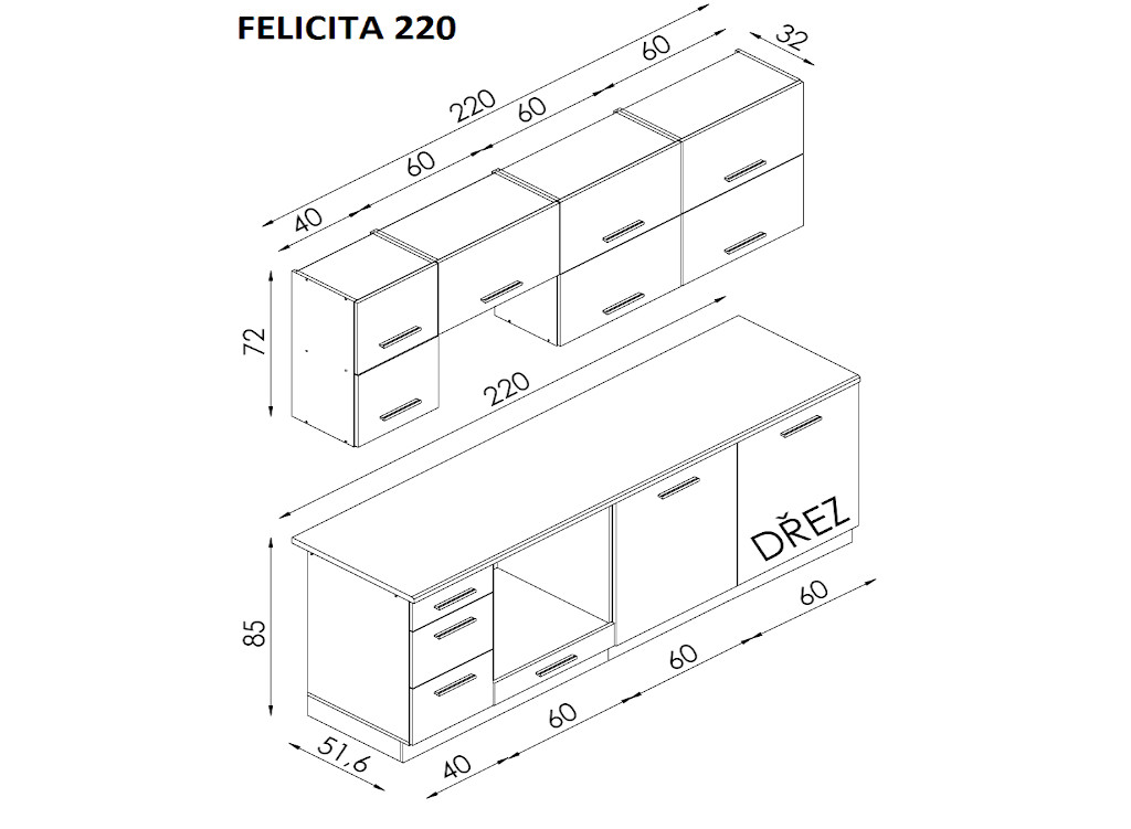 Kuchyně Felicita - nákres s rozměry