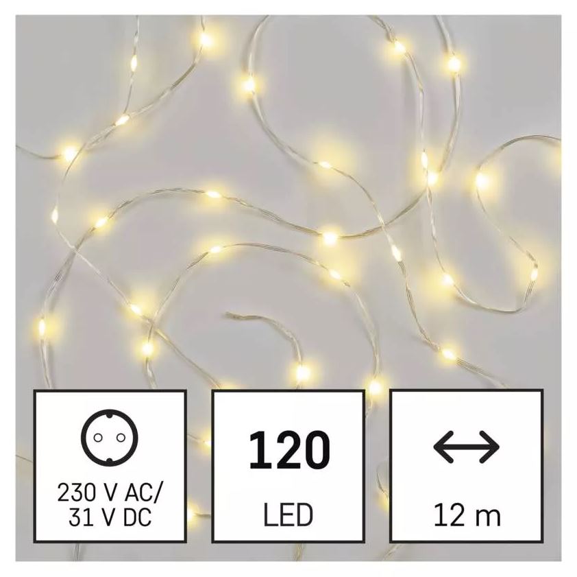 LED vánoční drop řetěz, 12 m, venkovní i vnitřní, teplá bílá