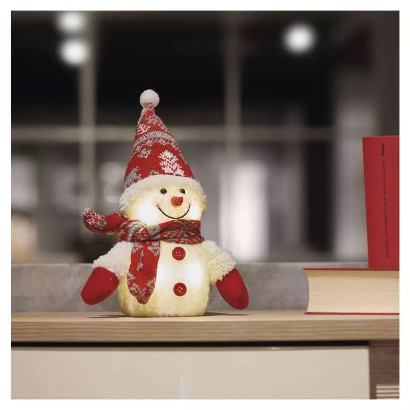 LED vianočný snehuliak sediaci, 31 cm, 3x AA, vnútorná, teplá biela