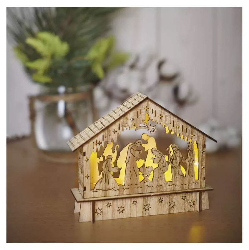 LED vianočný betlehem drevený, 15 cm, 2x AA, vnútorná, teplá biela