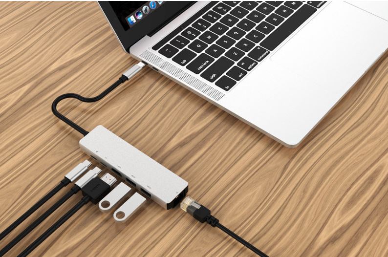 Prepojovací USB-C húb, 2×USB 3.0, 2×USB-C, HDMI, RJ45, hliník