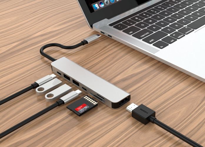 Prepojovací USB-C húb, 2×USB 3.0, 2×USB-C, HDMI, RJ45, hliník