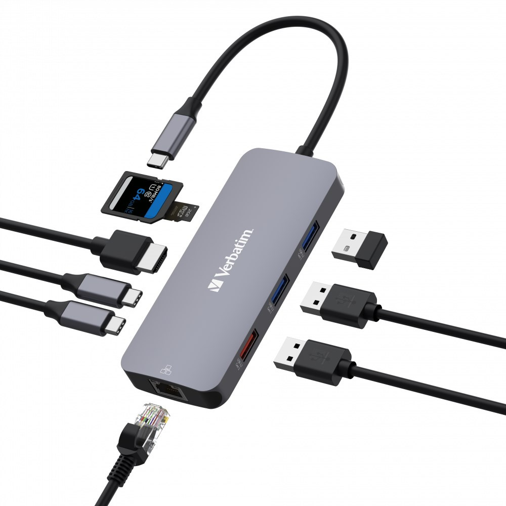 USB-C hub Verbatim 9, HDMI, RJ45, 2x USB-C, 3x USB-A, SD, microSD
