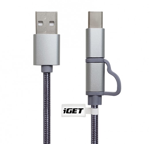 2v1 Kábel iGET Micro USB/USB Typ C na USB, 1m, predĺžený
