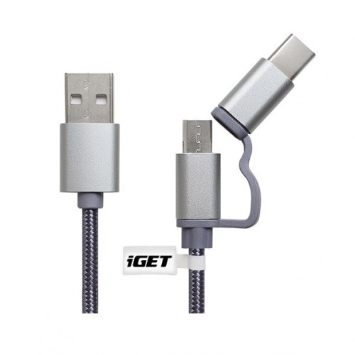2v1 Kabel iGET Micro USB/USB Typ C na USB, 1m, prodloužený POUŽIT