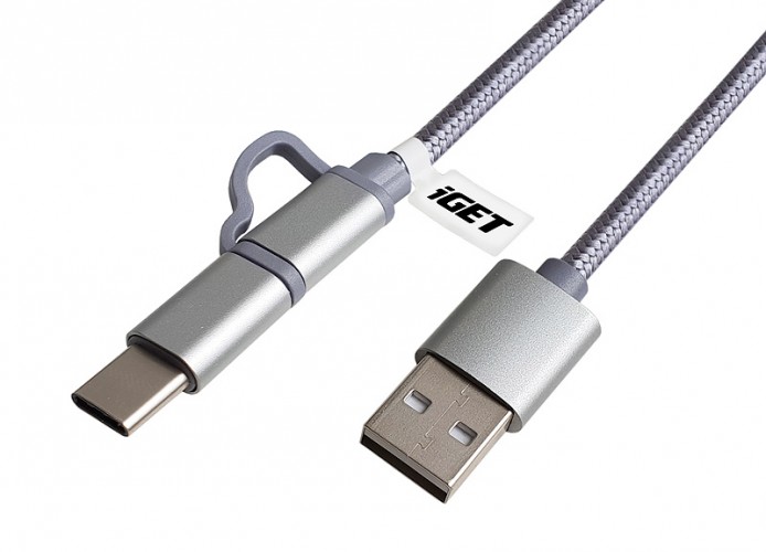2v1 Kabel iGET Micro USB/USB Typ C na USB, 1m, prodloužený POUŽIT