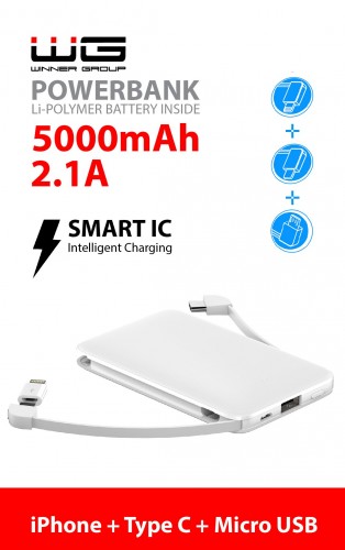 3v1 PowerbankaWG 5000mAh MicroUSB + USB Typ C + Lightning,bílá RO