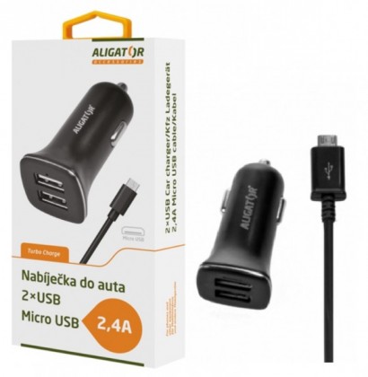 Autonabíječka Aligator 2xUSB 2,4A +kabel Micro USB, černá