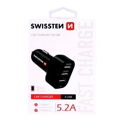 Autonabíječka Swissten 3xUSB 5,2A, černá