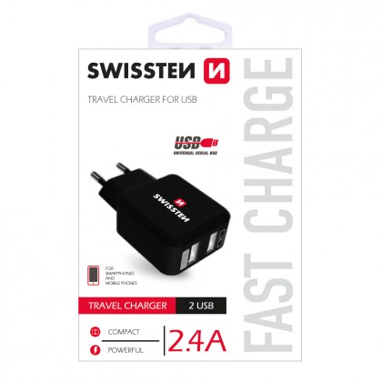 Cestovní adaptér SWISSTEN 220V/2x USB, 2,4A, černá