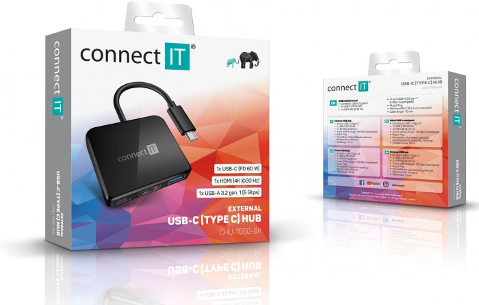 Connect IT USB-C hub, 3v1 (USB-C, USB-A, HDMI), externý, čierny R