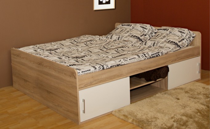Dřevěná postel Sáva II 120x200 cm, dub, bílá,s úložným prostorem