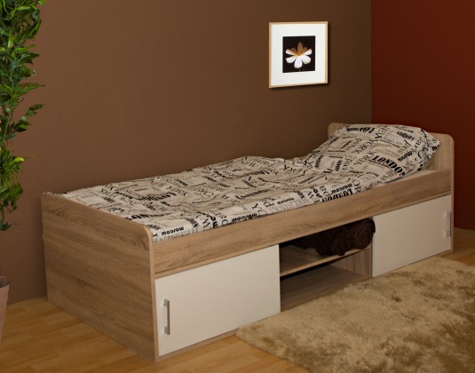 Dřevěná postel Sáva II 90x200 cm, dub, bílá, s úložným prostorem