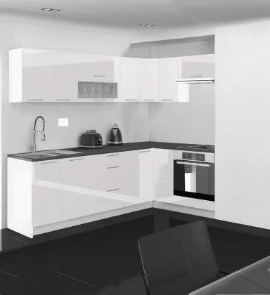 Kuchyně Emilia - 250x150 cm (bílá vysoký lesk/černá)