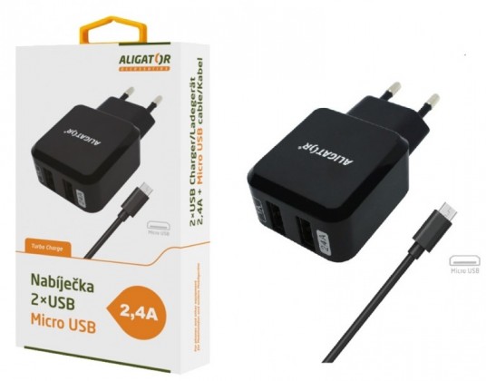 Nabíječka Aligator 2xUSB 2,4A +kabel Micro USB, černá