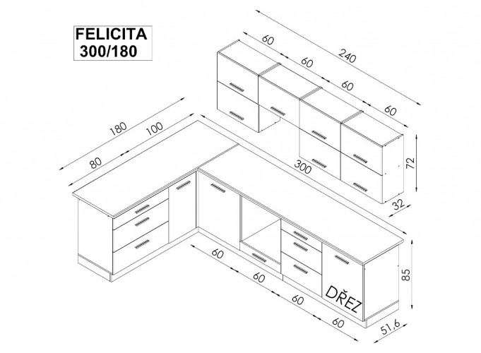 Rohová kuchyňa Felicita ľavý roh 300x180 cm, II.akosť